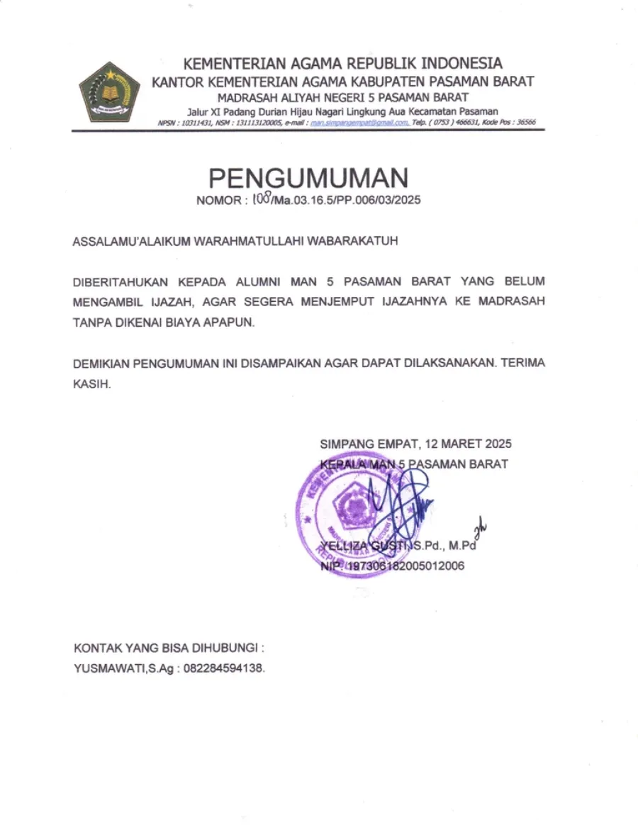 PENGUMUMAN KEPADA ALUMNI MAN 5 PASAMAN BARAT YANG BELUM MENGAMBIL IJAZAH