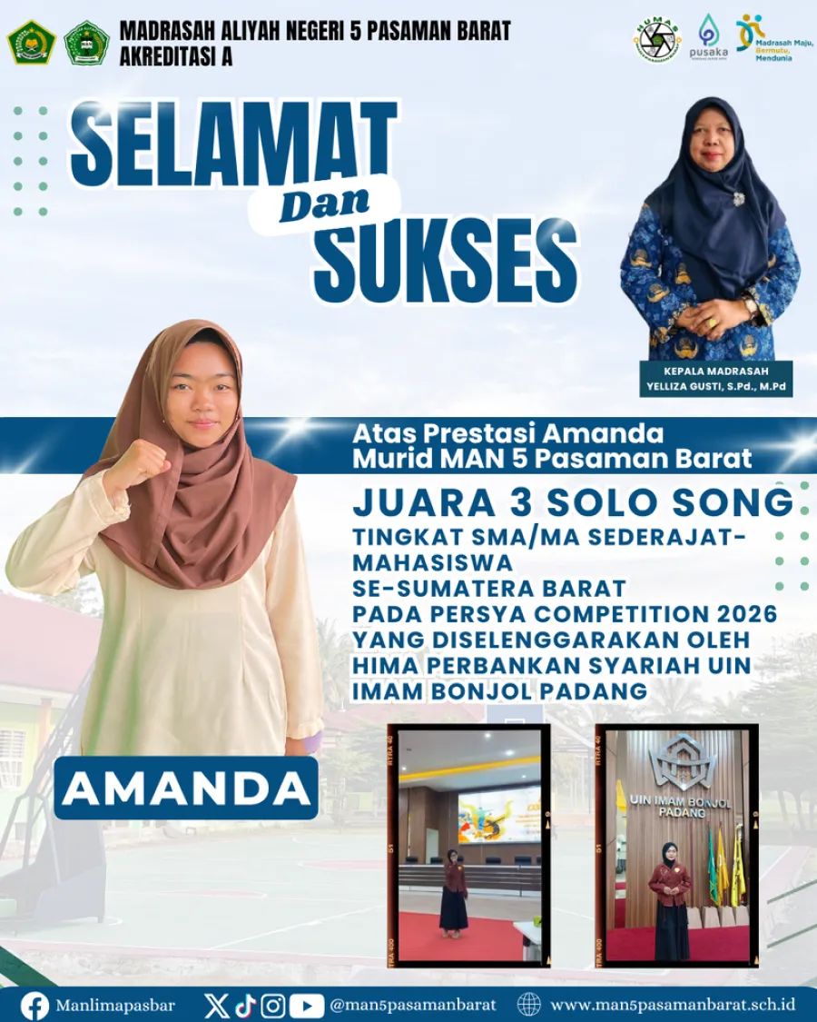 Amanda Murid MAN 5 Pasaman Barat Raih Juara 3 Solo Song SMA Sederajat - Mahasiswa Se-Sumatera Barat