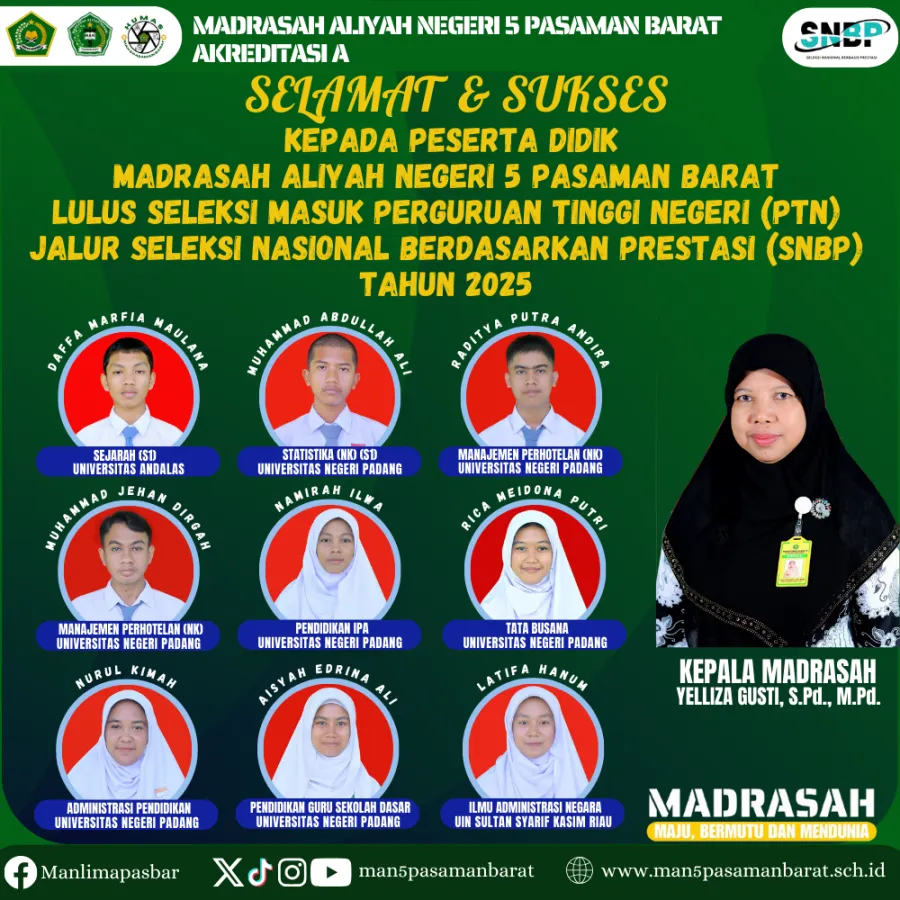 Selamat, 9 Siswa MAN 5 Pasaman Barat lulus Seleksi Nasional Berdasarkan Prestasi (SNBP) Tahun 2025