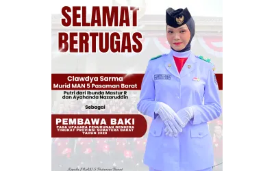 Clawdya Sarma Murid MAN 5 Pasaman Barat Bertugas sebagai Pembawa Baki pada Upacara Penurunan Bendera HUT ke-81 RI Tingkat Sumatera Barat Tahun 2026