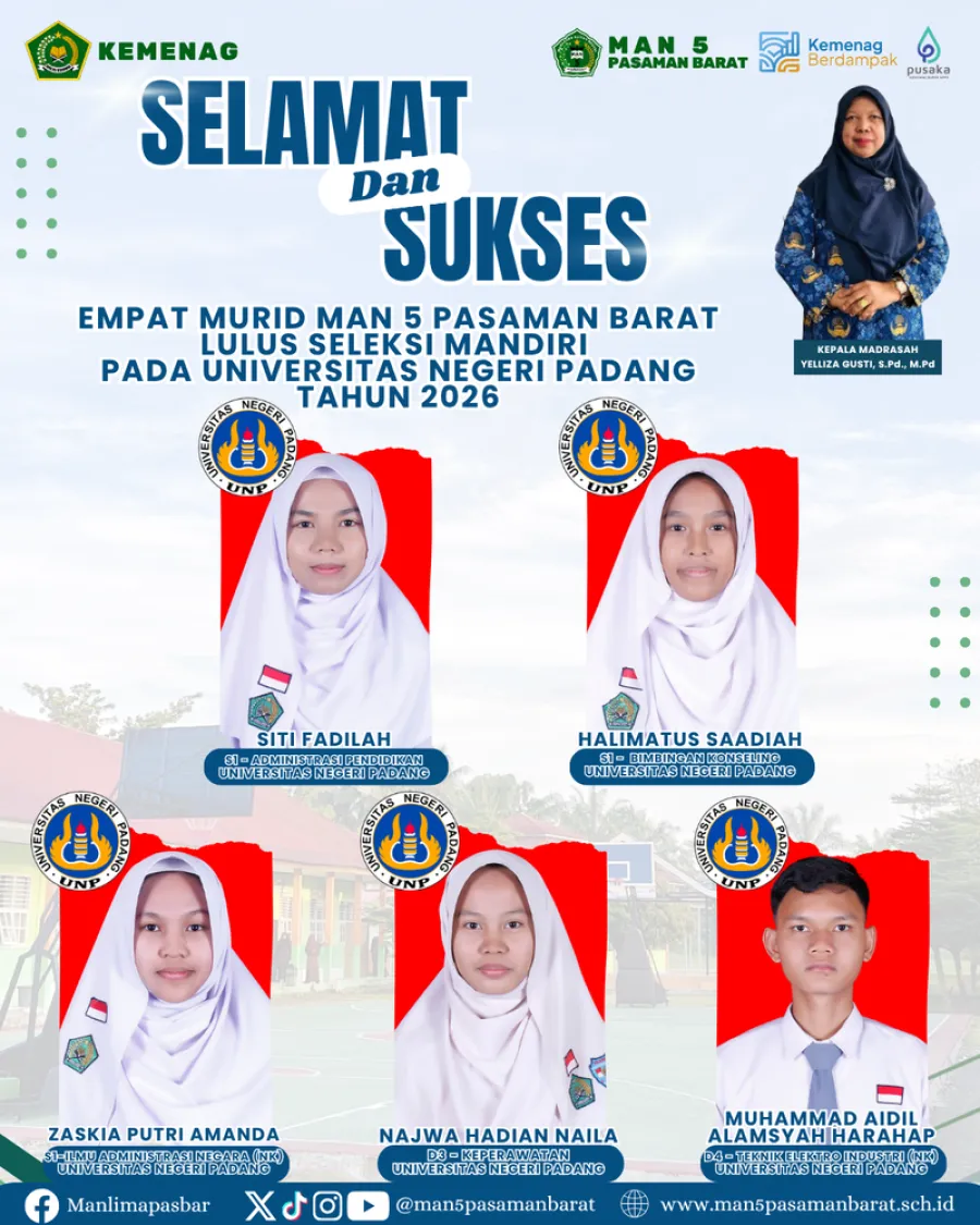Lima Murid MAN 5 Pasaman Barat Lulus Seleksi Mandiri Universitas Negeri Padang Tahun 2026