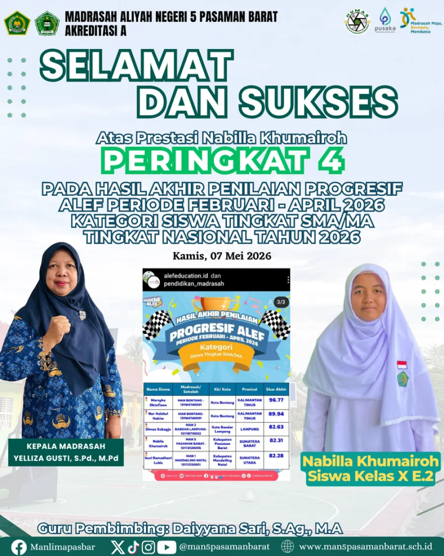 Nabilla Khumairoh, Murid MAN 5 Pasaman Barat Raih Peringkat 4 Nasional Progresif Alef Kategori SMA/MA