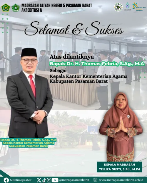 Selamat dan Sukses atas dilantik Bapak DR. H. Thomas Febria, S.Ag., M.A sebagai Kepala Kantor Kementerian Agama Pasaman Barat