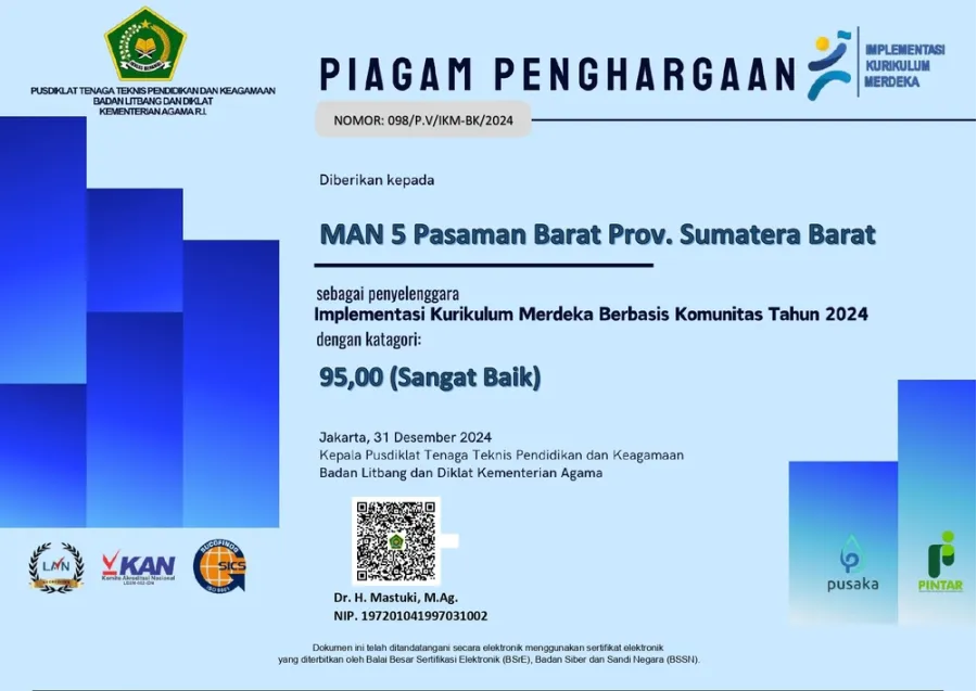MAN 5 Pasaman Barat Raih Predikat “Sangat Baik” dalam Implementasi Kurikulum Merdeka Berbasis Komunitas